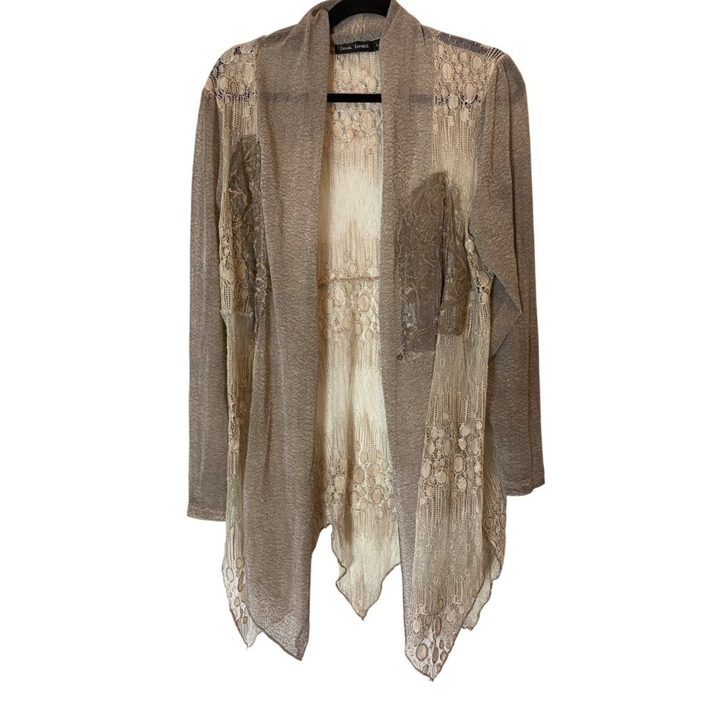 Casual Express Lace Open Cardigan Sweater Beige & White Large